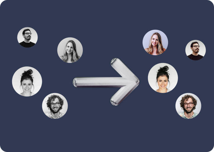 Group of users moving across with an arrow, showing existing bank connections migrated without re-enrollment.