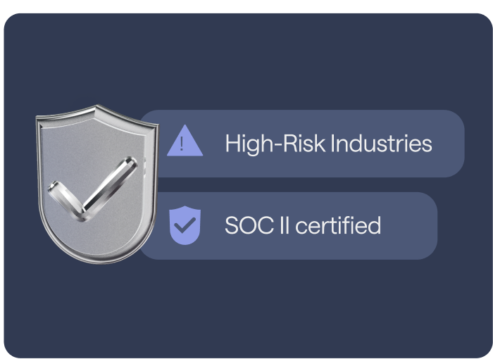 Chrome shield with a checkmark beside labels for high-risk industries and SOC II certification.