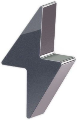 Chrome 3D lightning bolt icon.