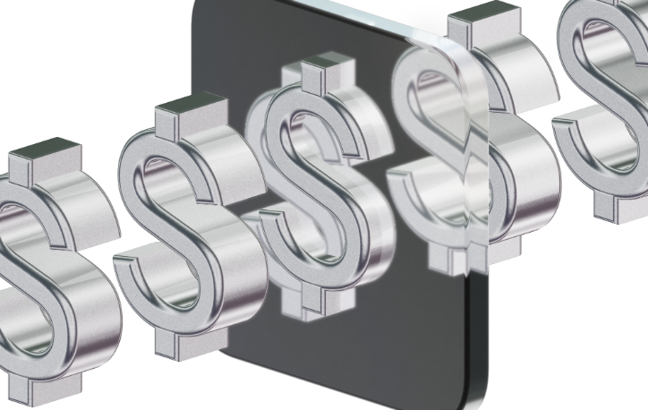 Row of chrome 3D dollar signs in front of a dark phone screen.