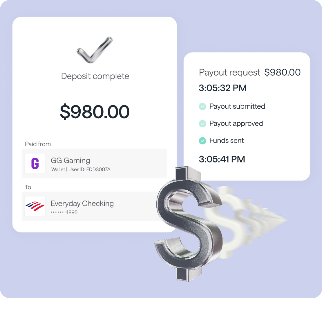 Digital transaction confirmation showing a completed deposit of $980 from GG Gaming wallet to Everyday Checking account ending 4895. On the right, payout request details with timestamp 3:05:32 PM and status checkmarks for submitted, approved, and funds sent, with a final timestamp of 3:05:41 PM. A large metallic dollar sign overlays the bottom center.