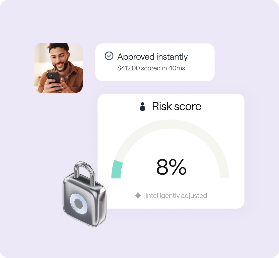 Customer paying on his phone while a $412.00 Pay by Bank payment is approved instantly with an 8% risk score.