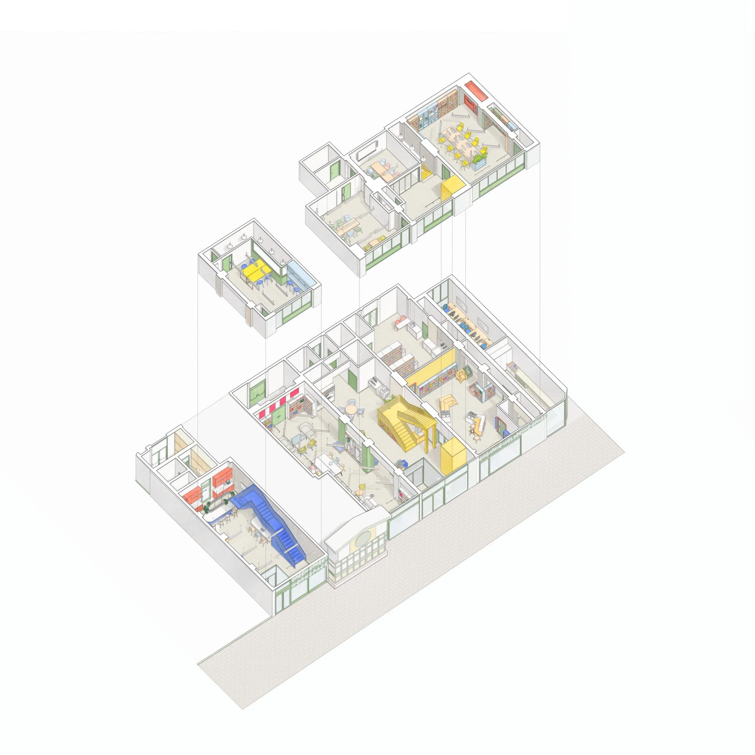 Exploded axonometric drawing showing proposal's principles. By Office S&M, RIBA Chartered Architectural Practice in London.
