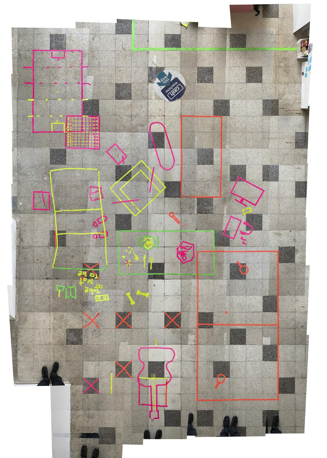 Photo collage showing the initial spatial arrangements on the floor. By Office S&M, RIBA Chartered Architectural Practice in London.