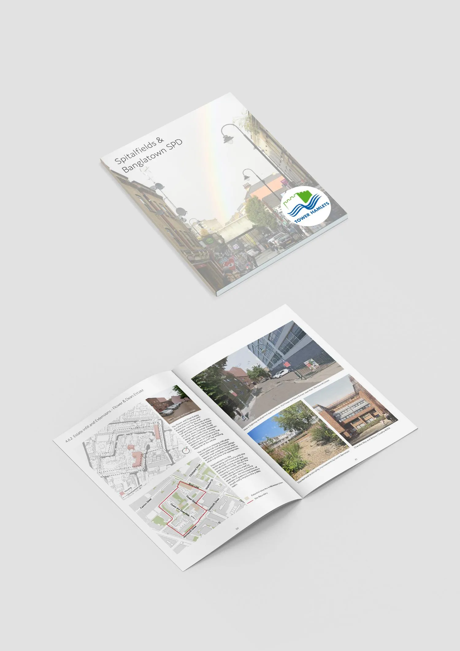 Photo showing the cover of the policy document and a second one opened on an example spread. By Office S&M, RIBA Chartered Architectural Practice in London.