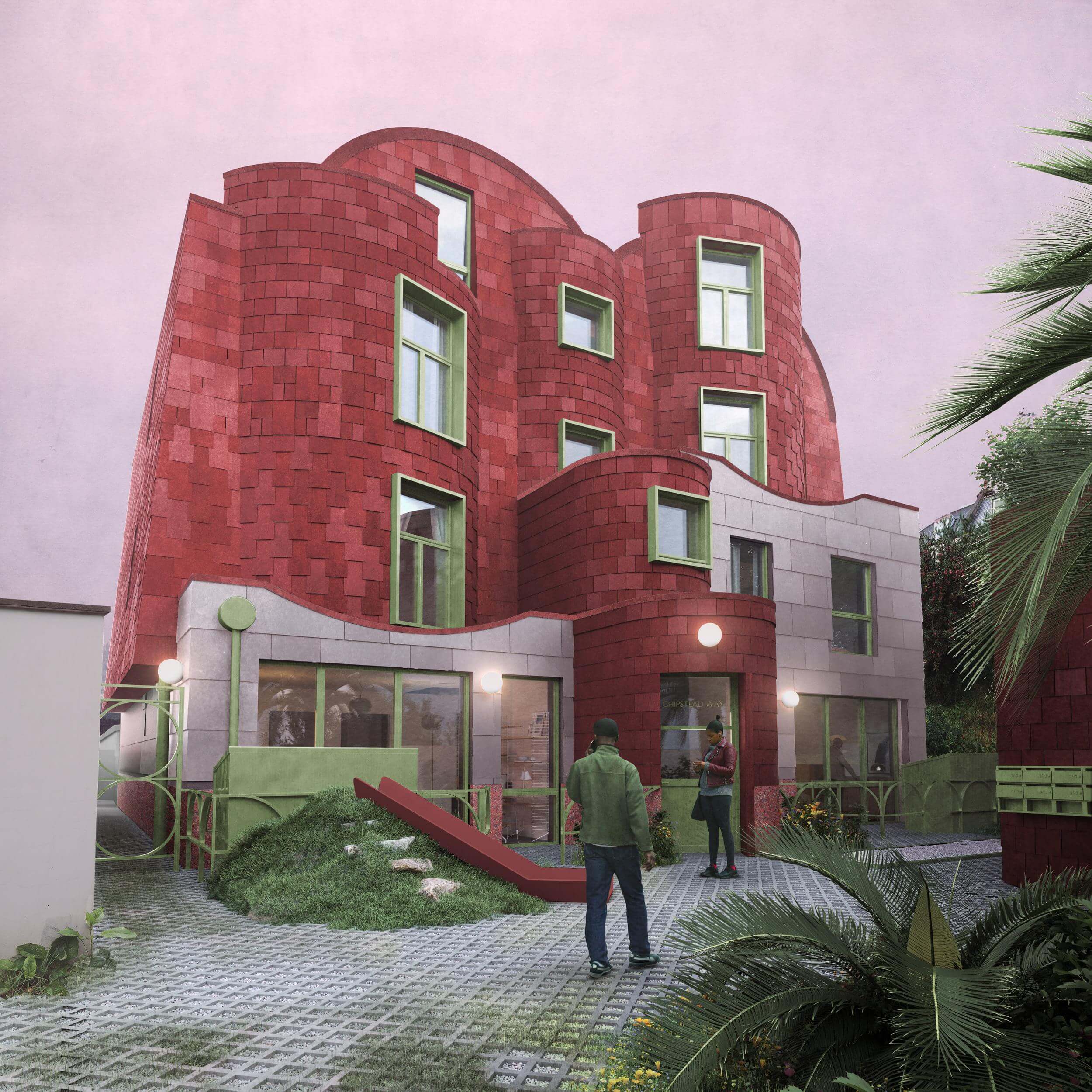 External visual perspective, showing the housing project from the street, looking at the entrance and the front facade. By Office S&M, RIBA Chartered Architectural Practice in London.