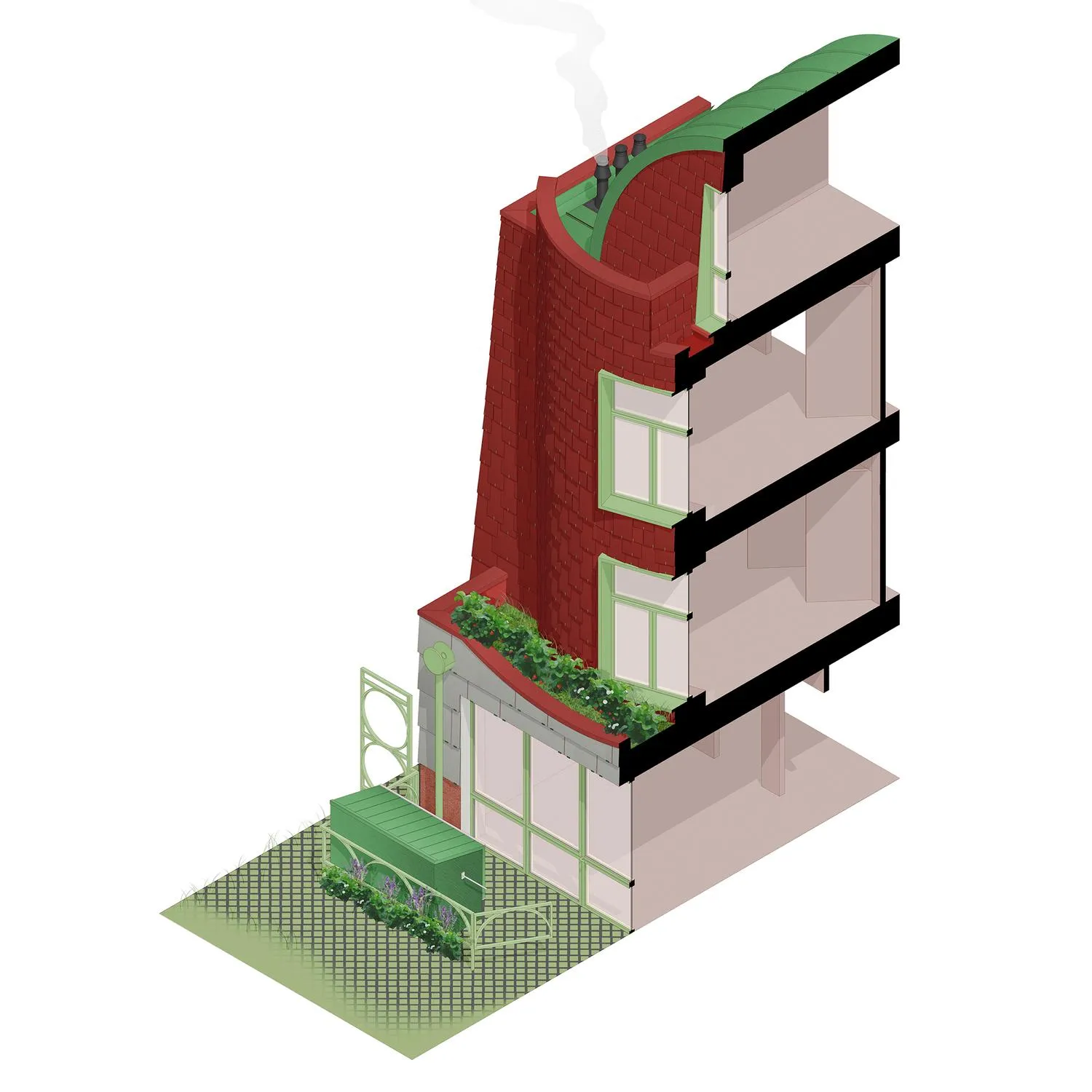 Axonometric cutout drawing, showing the front elevation and floor heights of the building. By Office S&M, RIBA Chartered Architectural Practice in London.