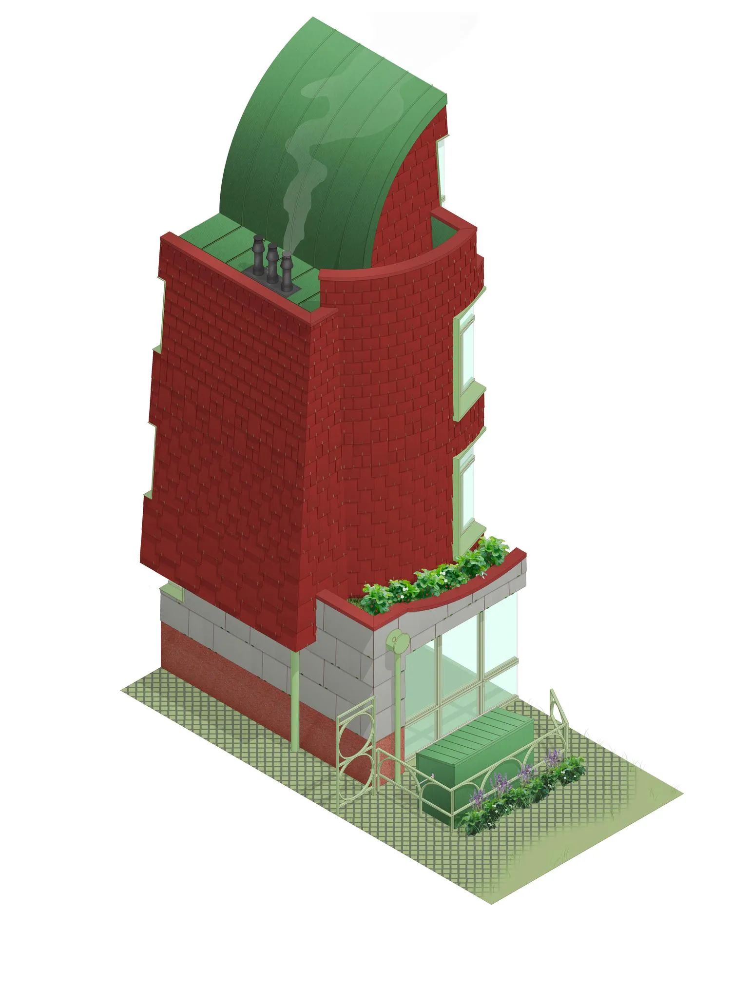 Axonometric cutaway drawing showing the geometry of the building and roof shapes. By Office S&M, RIBA Chartered Architectural Practice in London.