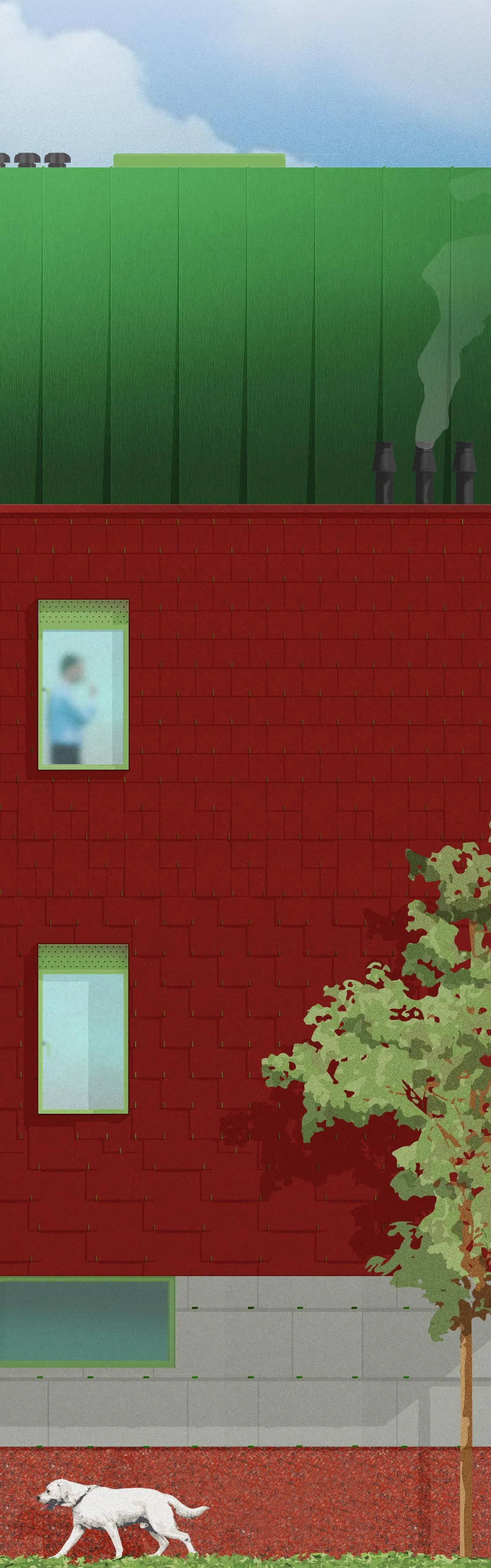 Zoomed in elevation collage drawing of the building. By Office S&M, RIBA Chartered Architectural Practice in London.