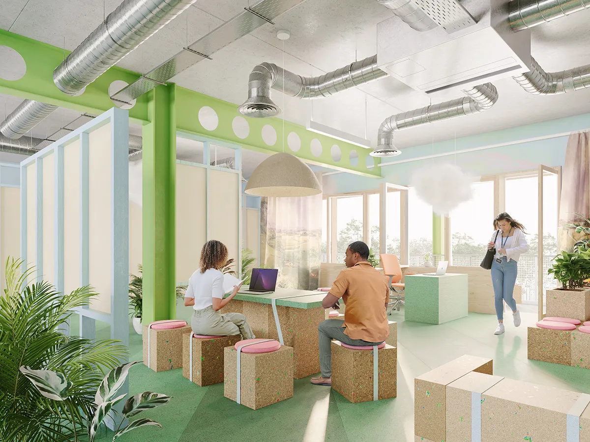 Visual representation of the meeting and coworking space. By Office S&M, RIBA Chartered Architectural Practice in London.