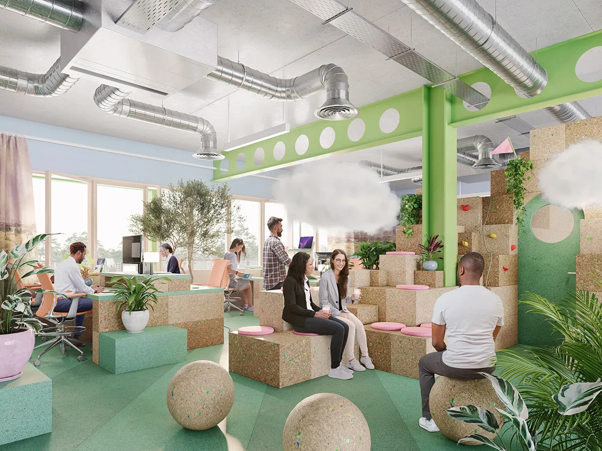 Visualisation showing the break out space in the workspace. By Office S&M, RIBA Chartered Architectural Practice in London.