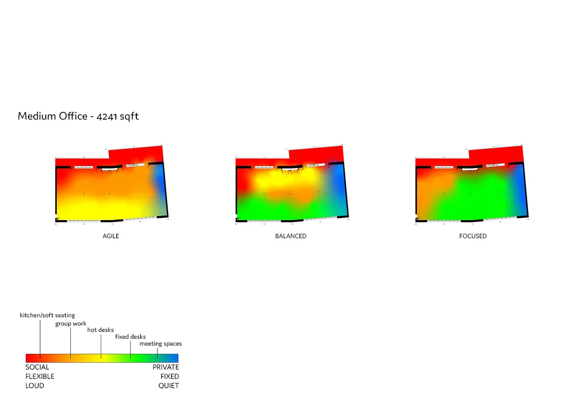Medium office, space mapping diagrams. By Office S&M, RIBA Chartered Architectural Practice in London.