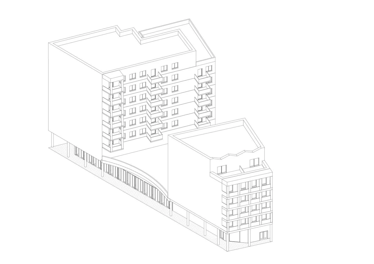 Axonometric drawing of the project, showing the entire proposal. By Office S&M, RIBA Chartered Architectural Practice in London.