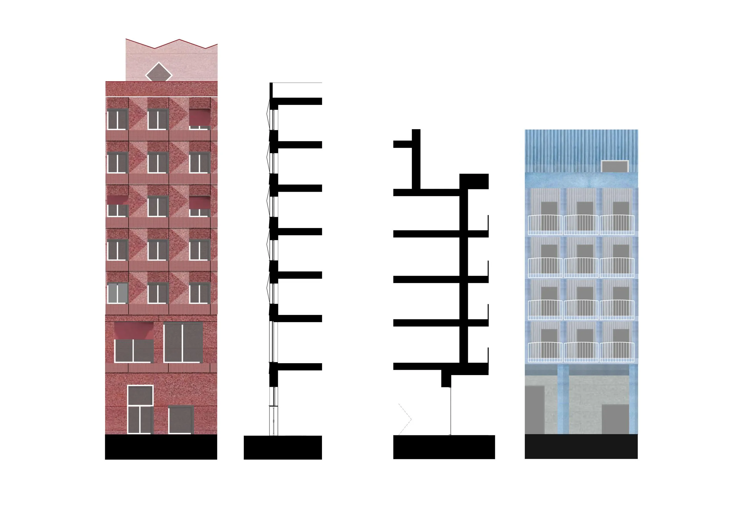 A drawing that shows two strips of elevation drawings and short snippets of the corresponding sections. By Office S&M, RIBA Chartered Architectural Practice in London.
