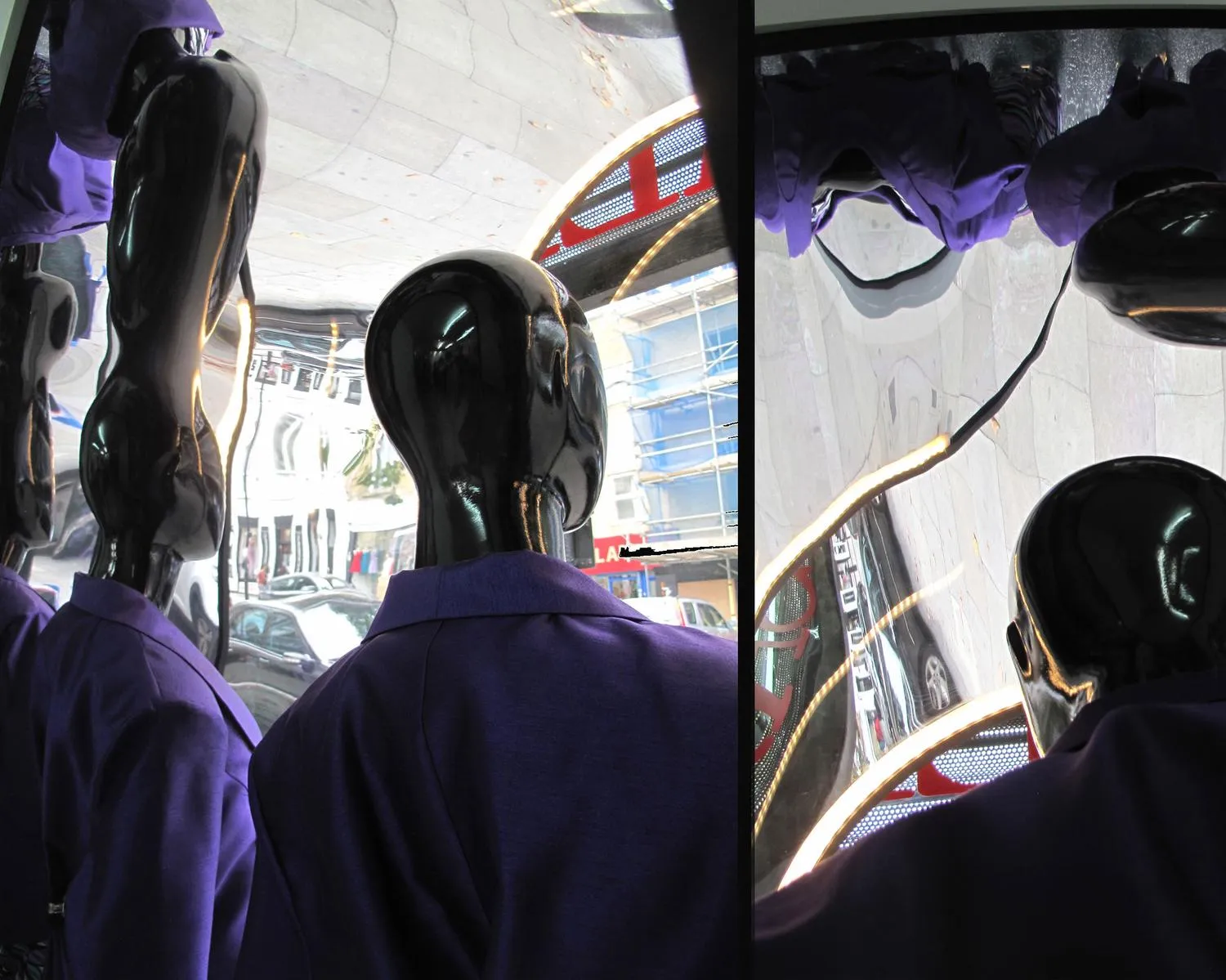 Photograph showing mannequins in purple outfits, with some distortions around them from curved glass. By Office S&M, RIBA Chartered Architectural Practice in London.
