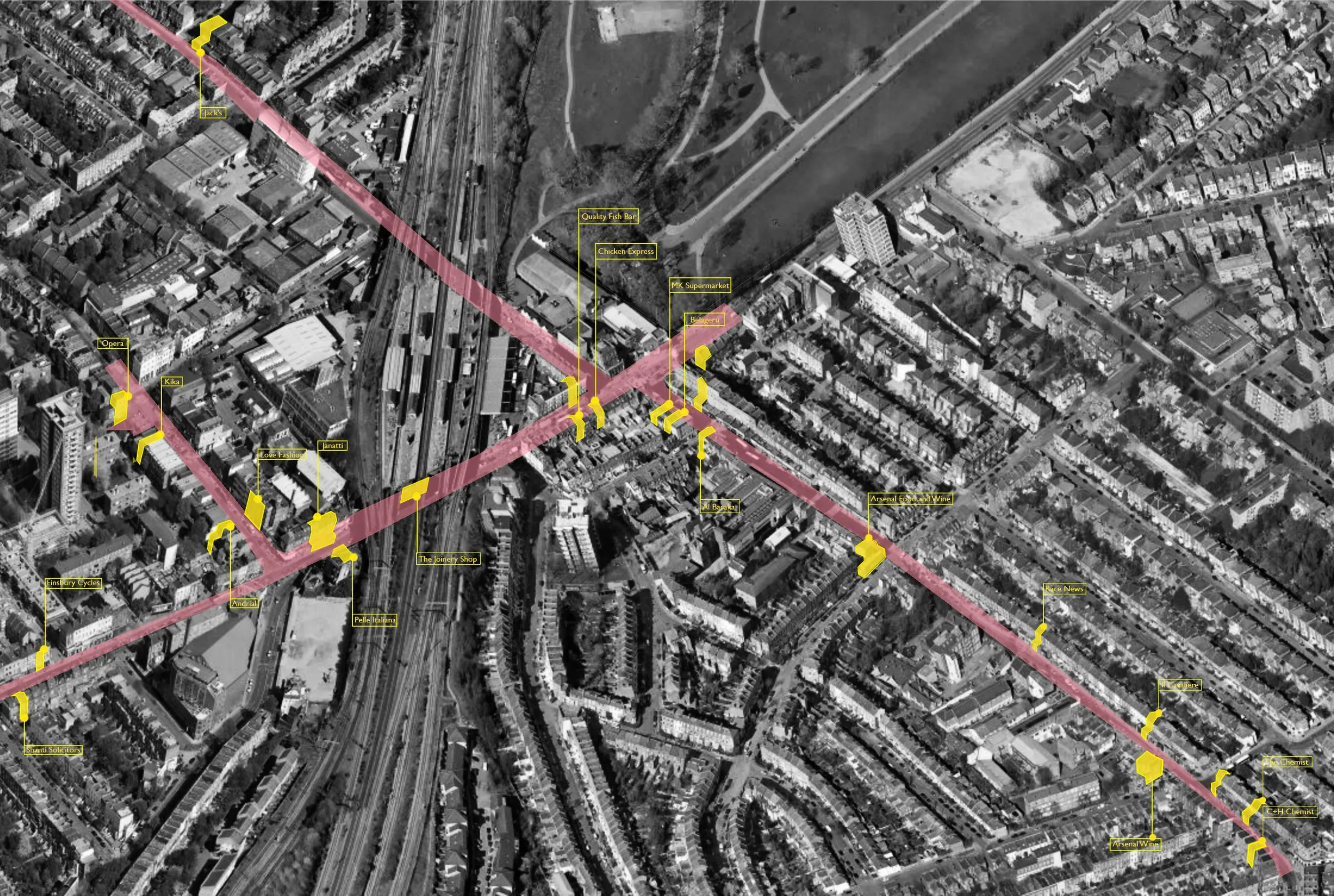 Map diagram showing points of interest of the project. By Office S&M, RIBA Chartered Architectural Practice in London.