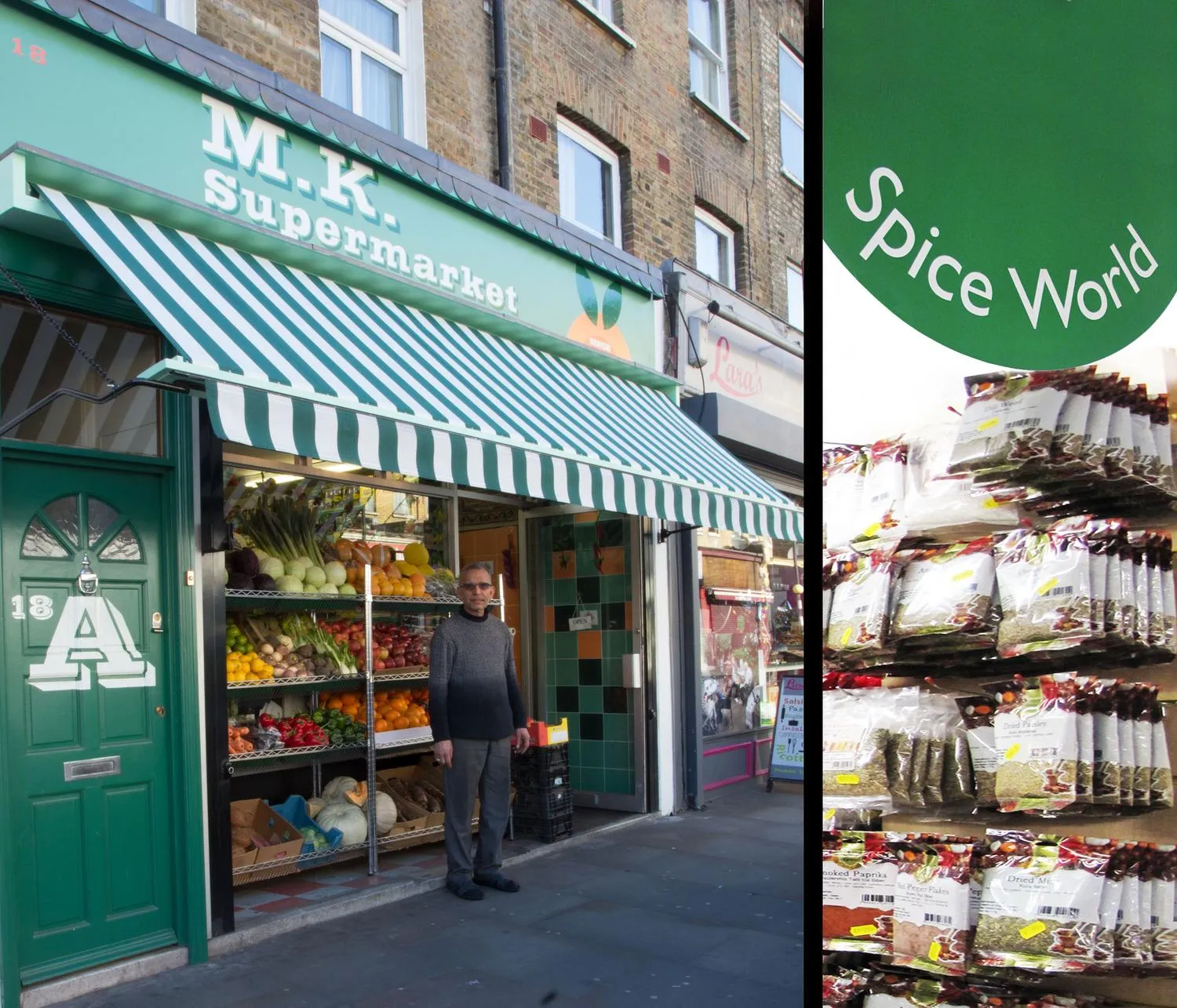 Photo of the grocery shop, with the owner stood outside. By Office S&M, RIBA Chartered Architectural Practice in London.