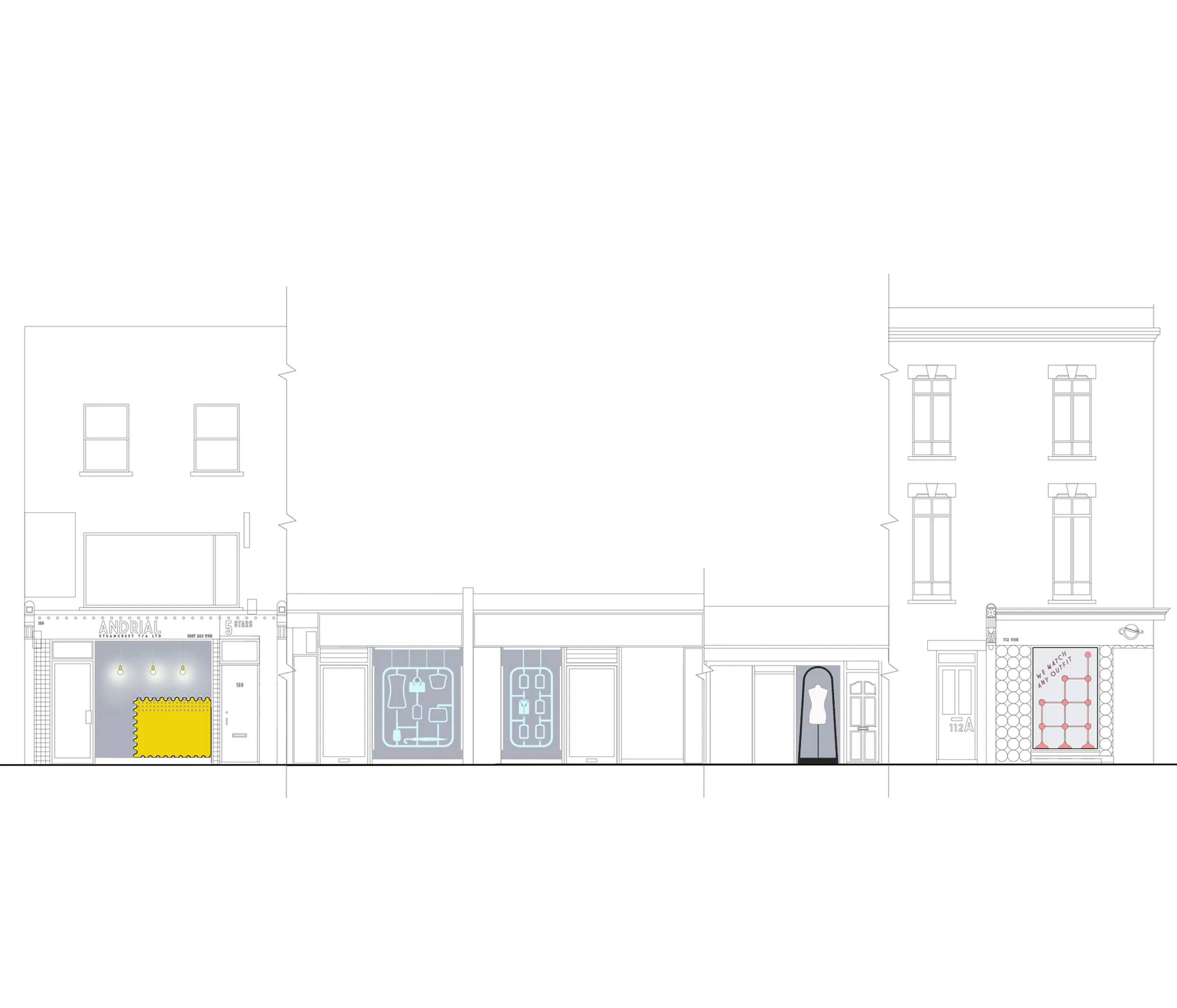 Elevation drawing showing the improvements to shopfronts. By Office S&M, RIBA Chartered Architectural Practice in London.