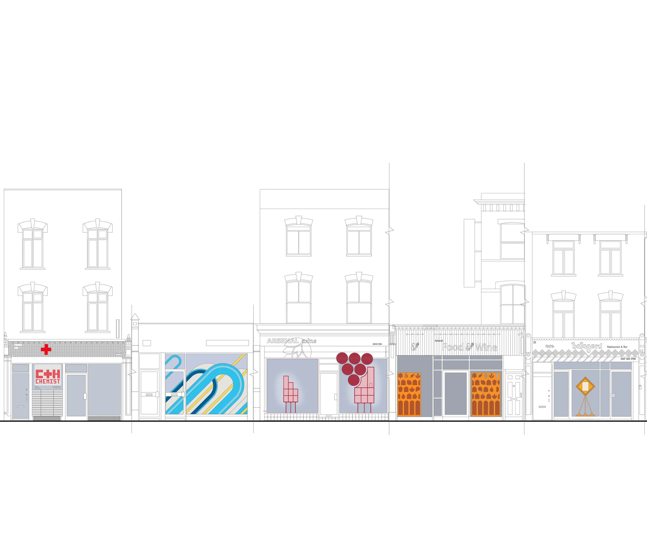 Elevation drawing showing the improvements to shopfronts. By Office S&M, RIBA Chartered Architectural Practice in London.