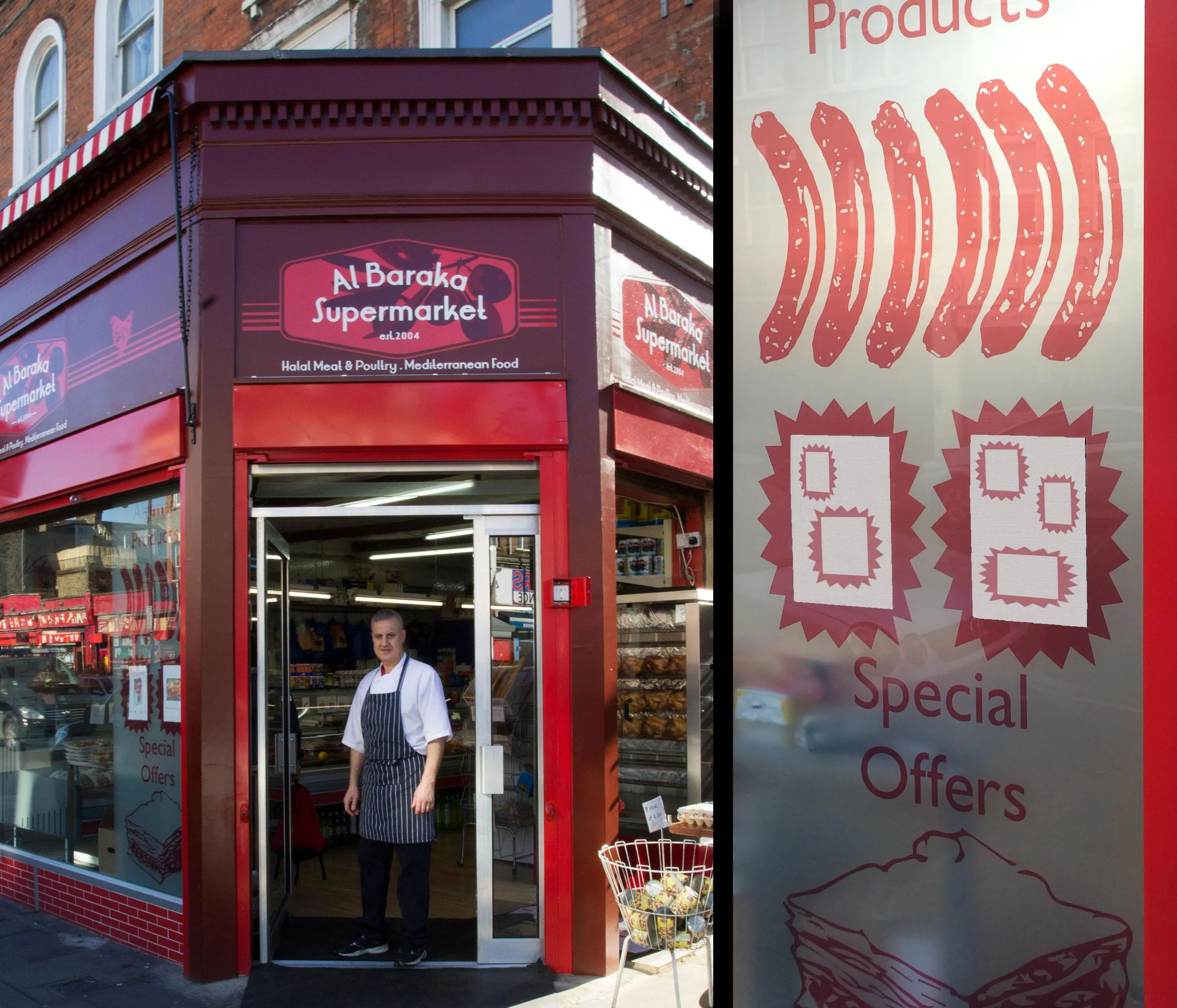 Photo of the owner of the shop stood outside with the improvements done to the window displays. By Office S&M, RIBA Chartered Architectural Practice in London.