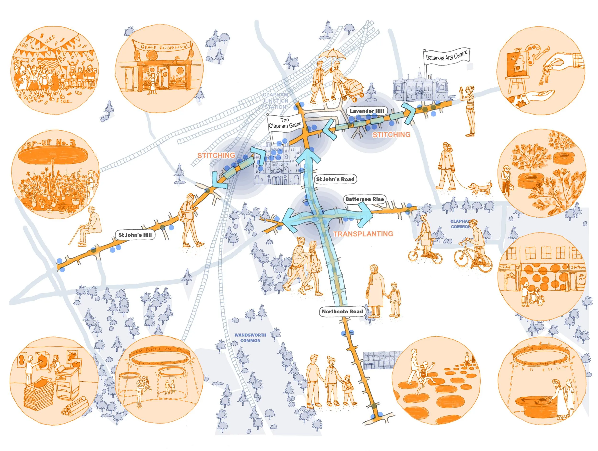 Illustrative map showing the changes proposed in the document along Clapham Junction. By Office S&M, RIBA Chartered Architectural Practice in London.