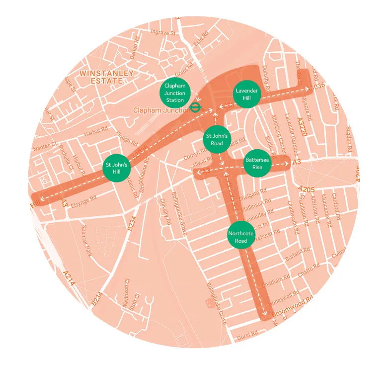 Map diagram showing the main 6 areas of interest near Clapham Junction. By Office S&M, RIBA Chartered Architectural Practice in London.