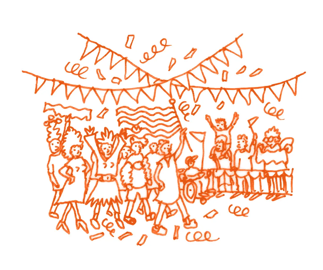 Illustration of a parade or march on the High Street. By Office S&M, RIBA Chartered Architectural Practice in London.