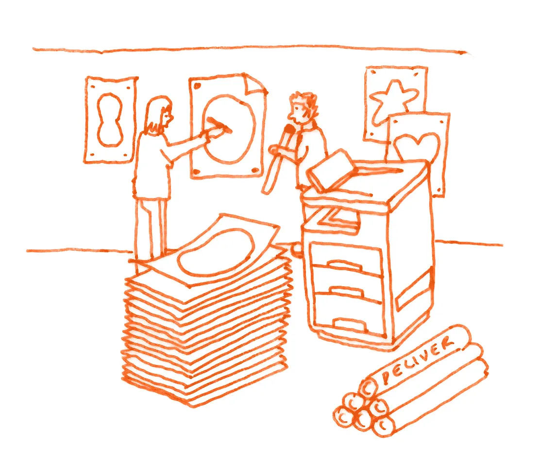 Illustration showing establishment of a print collective as one way of improving the High Street. By Office S&M, RIBA Chartered Architectural Practice in London.