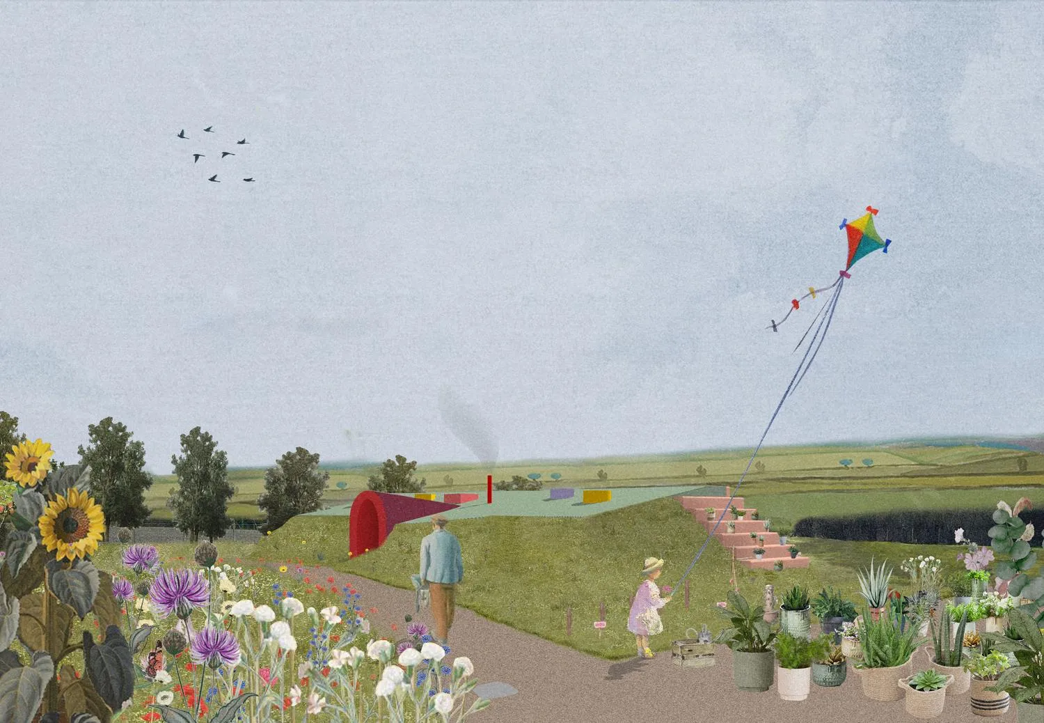 Illustration showing the proposal from above, nested in the landscape. By Office S&M, RIBA Chartered Architectural Practice in London.