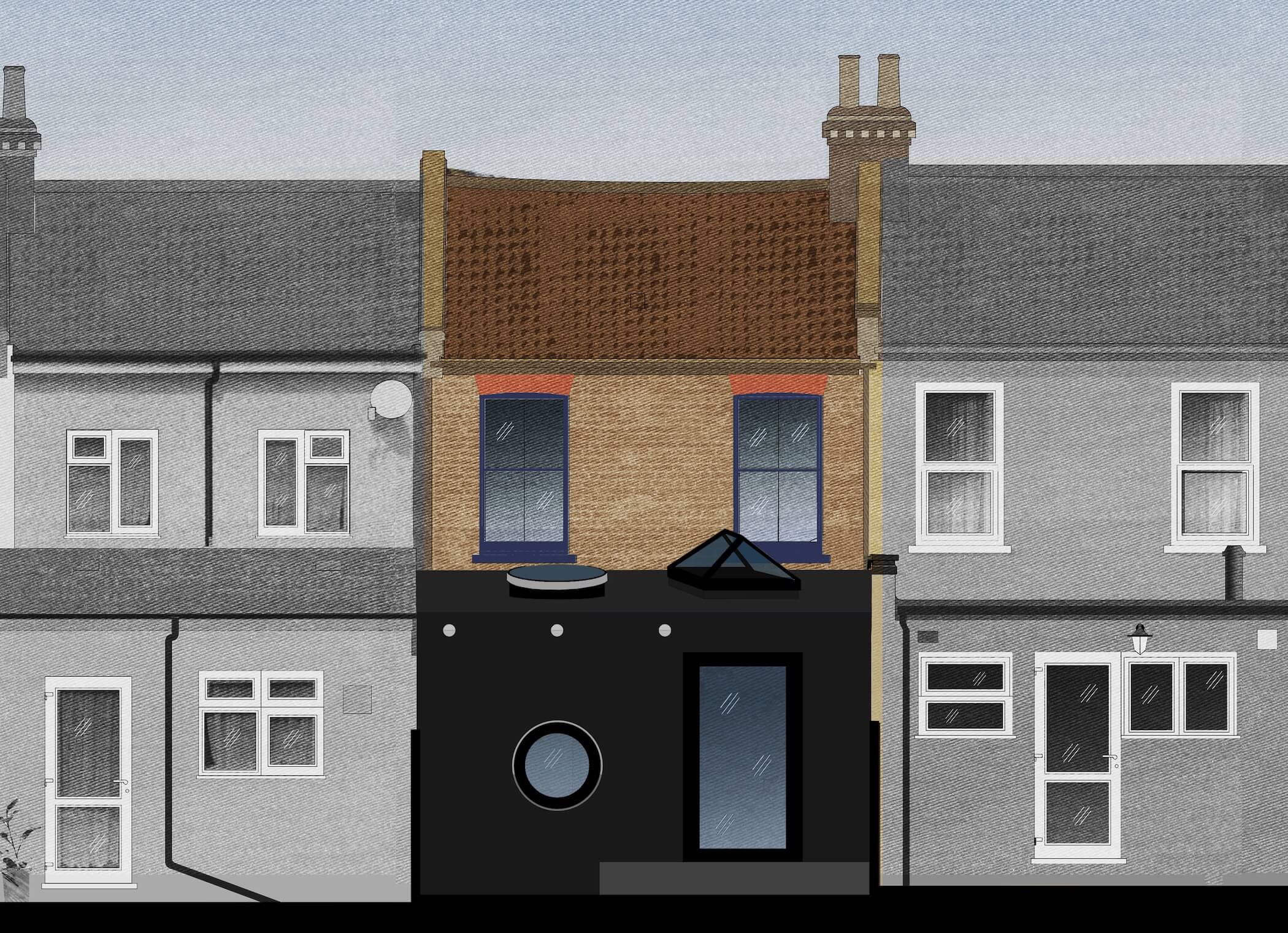 Proposal of the new Rear Elevation. By Office S&M, RIBA Chartered Architectural Practice in London.