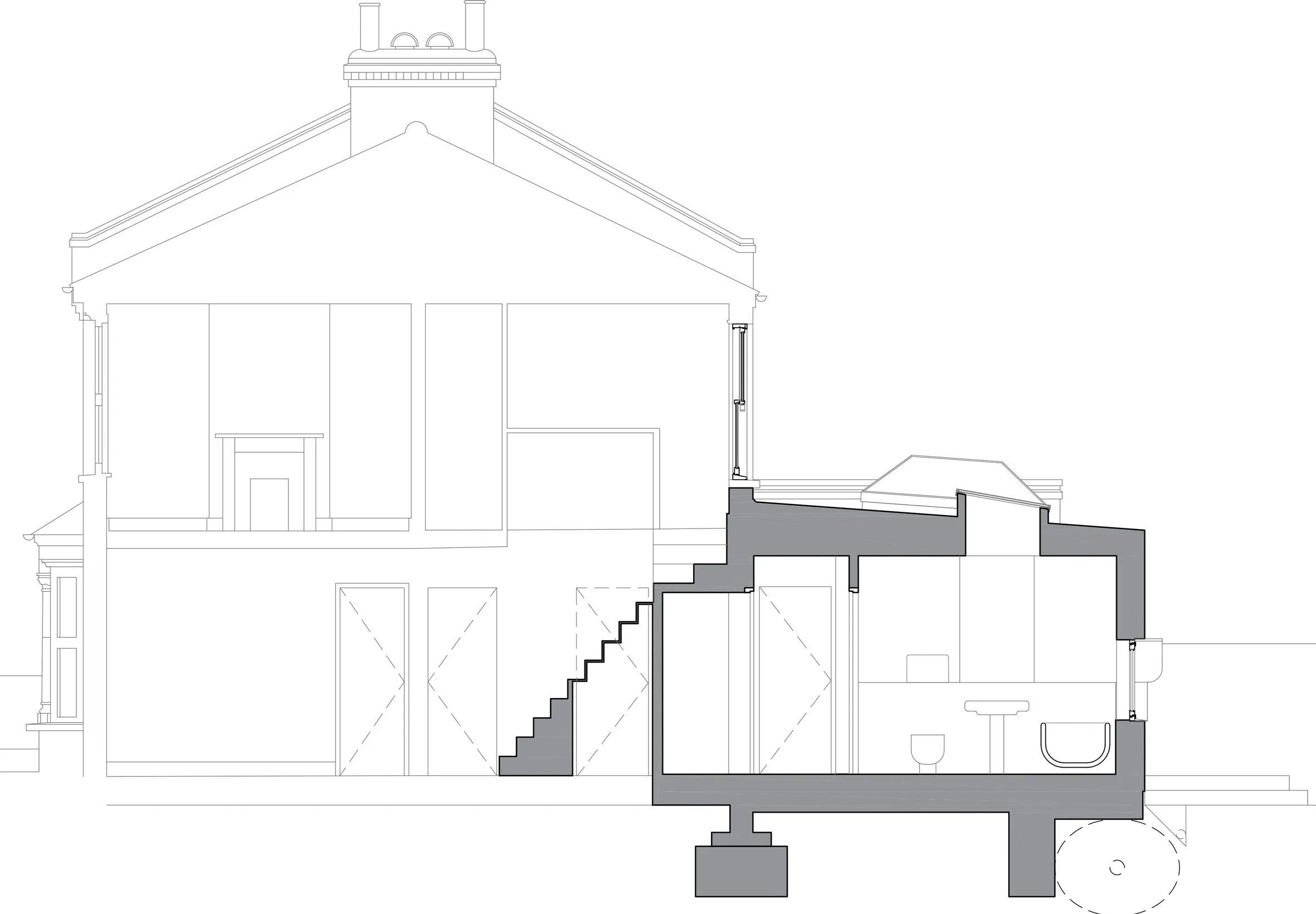Proposed Long Section. By Office S&M, RIBA Chartered Architectural Practice in London.