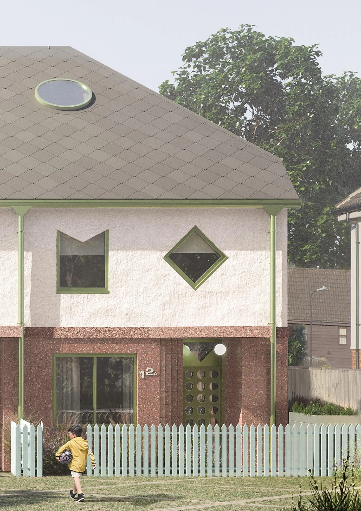 Zoomed in visual of the proposed facade of the building, showing the entrance and geometrical windows above. By Office S&M, RIBA Chartered Architectural Practice in London.