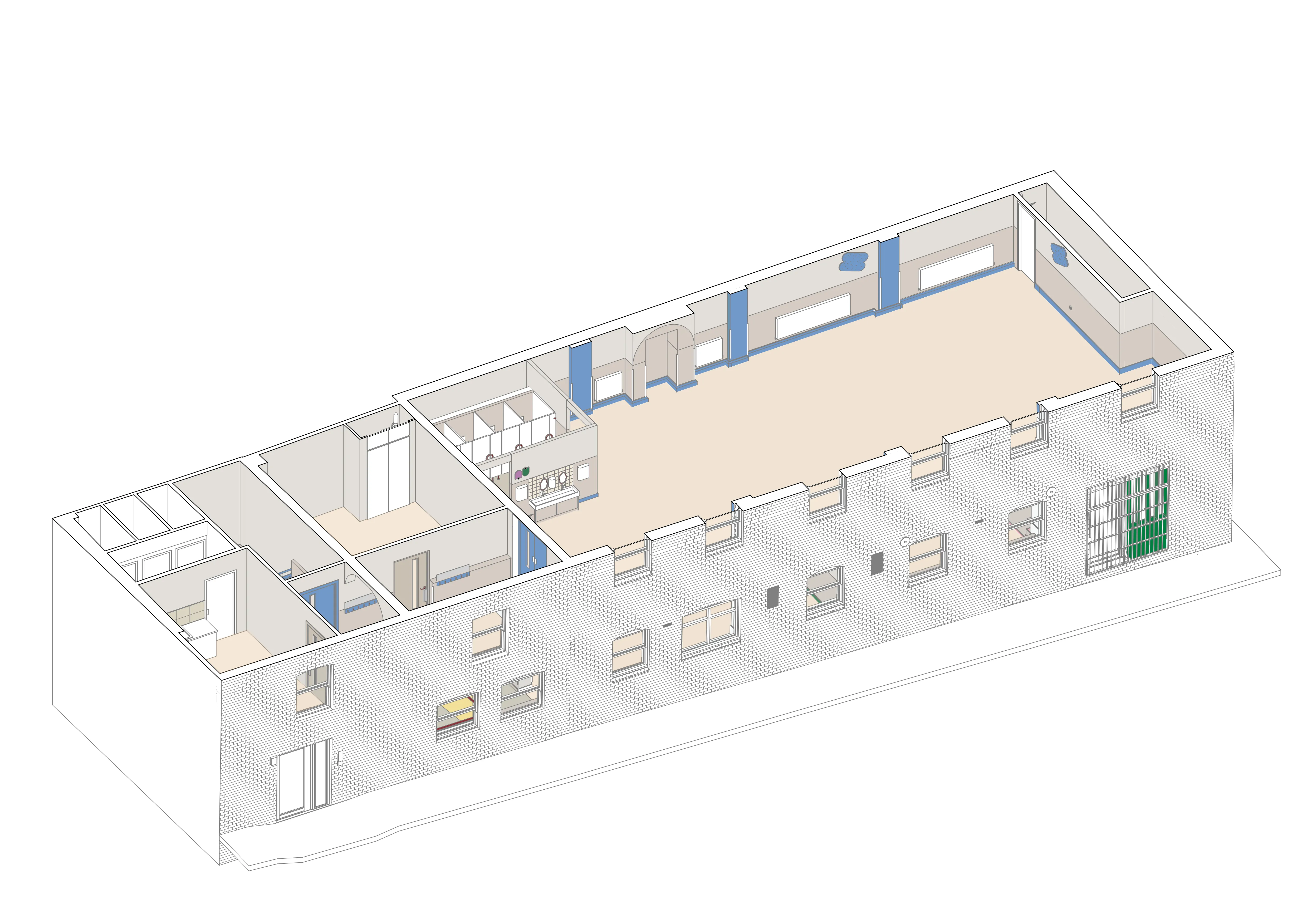 Axonometric drawing, showing the cutout of the first floor. By Office S&M, RIBA Chartered Architectural Practice in London.
