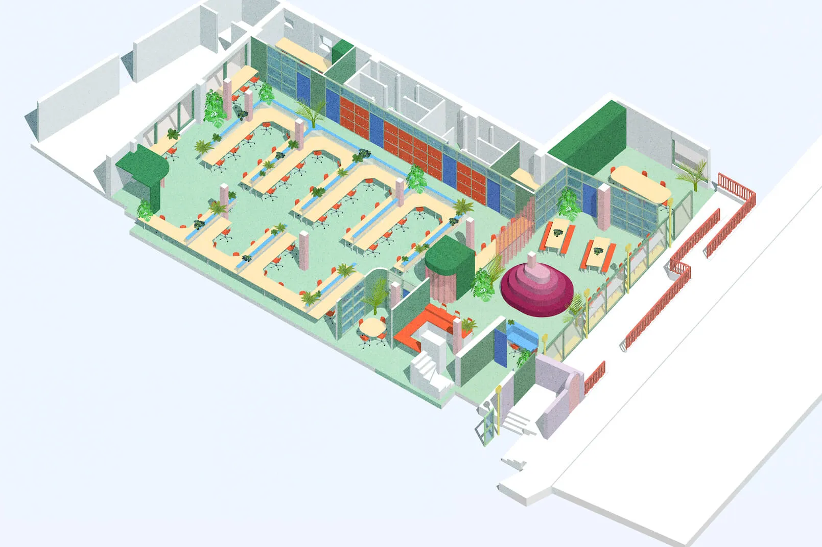 Axonometric drawing showing the spatial arrangement internally. By Office S&M, RIBA Chartered Architectural Practice in London.