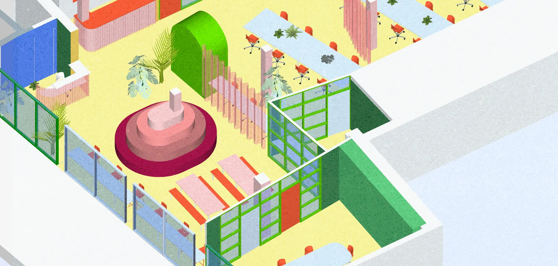 Zoomed in collage illustration showing the breakout space and spatial sequence. By Office S&M, RIBA Chartered Architectural Practice in London.