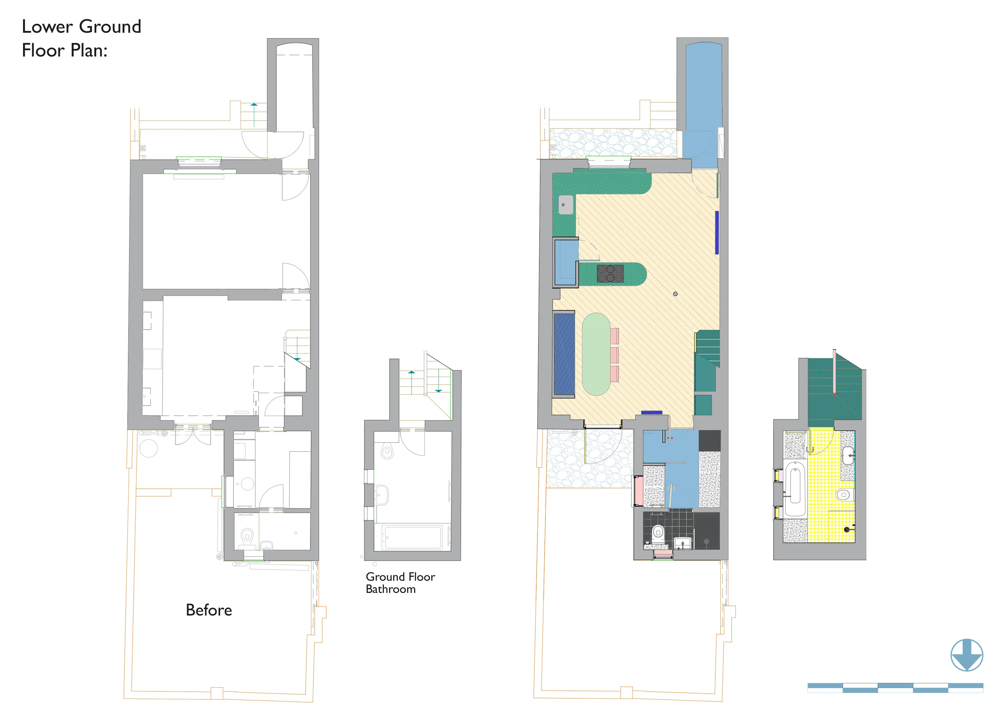 Existing and Proposed Ground Floor Plans, side by side. By Office S&M, RIBA Chartered Architectural Practice in London.