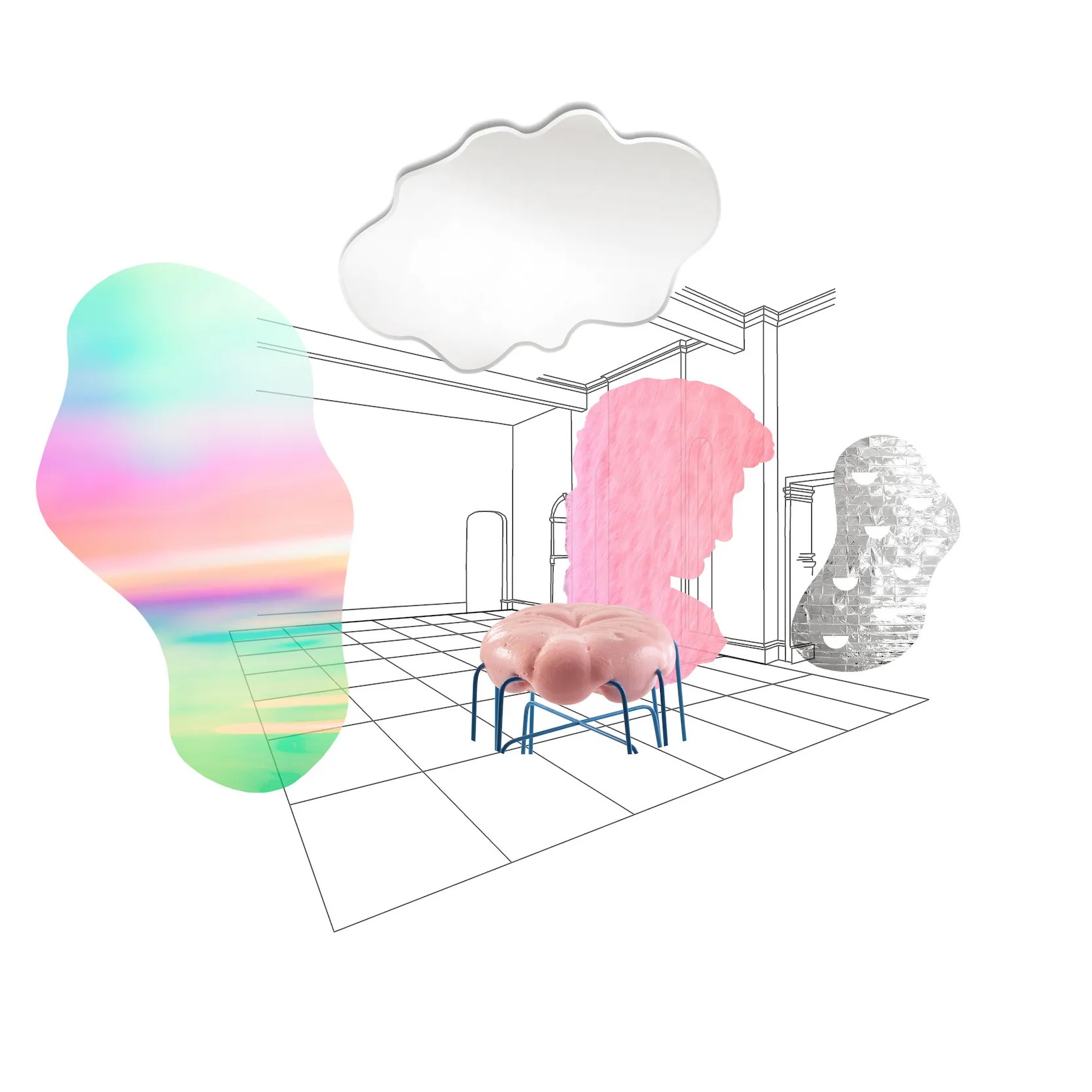 Illustrative collage in perspective showing the spatial arrangement for the exhibition. By Office S&M, RIBA Chartered Architectural Practice in London.