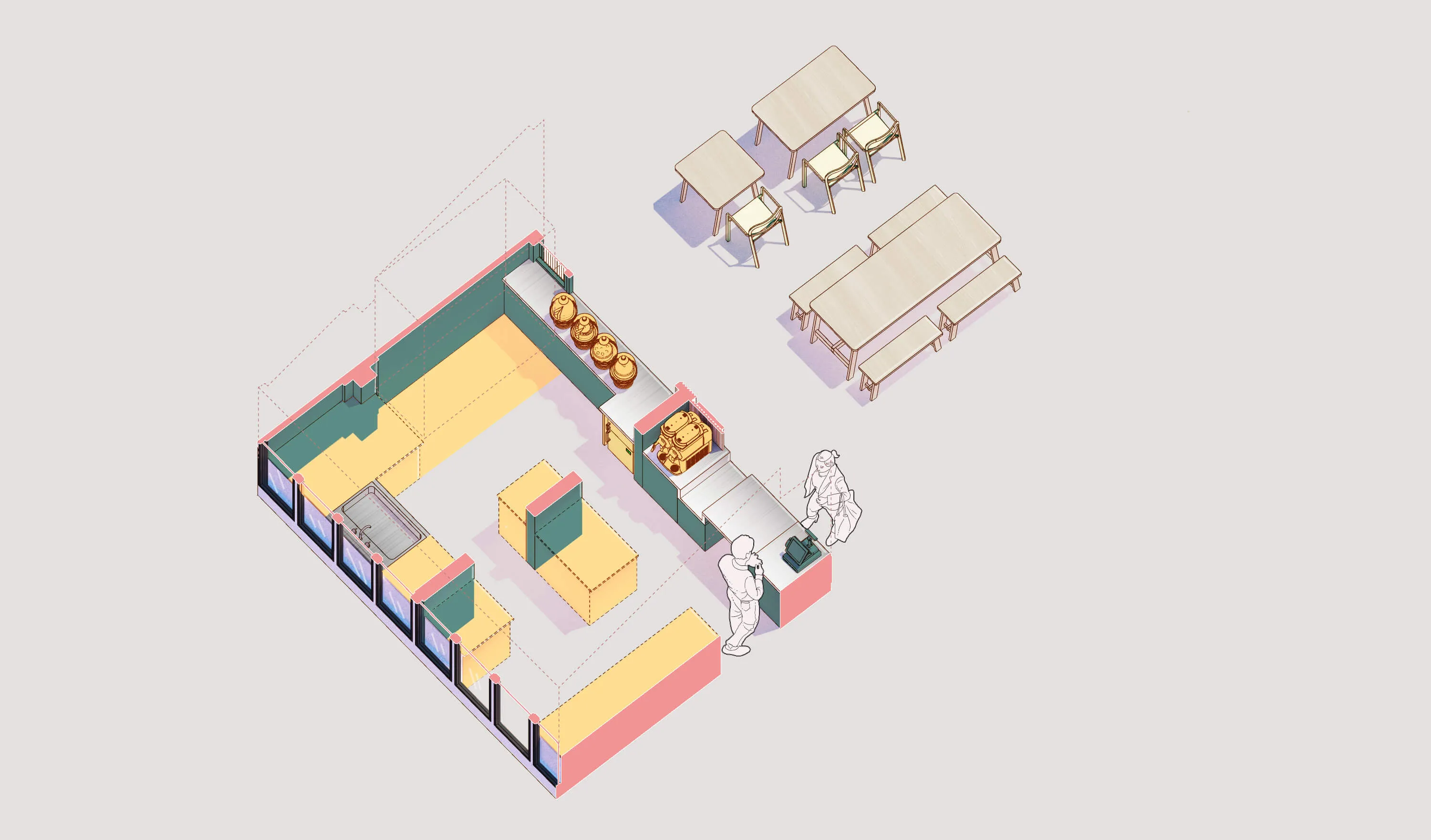 Axonometric drawing of the space. By Office S&M, RIBA Chartered Architectural Practice in London.