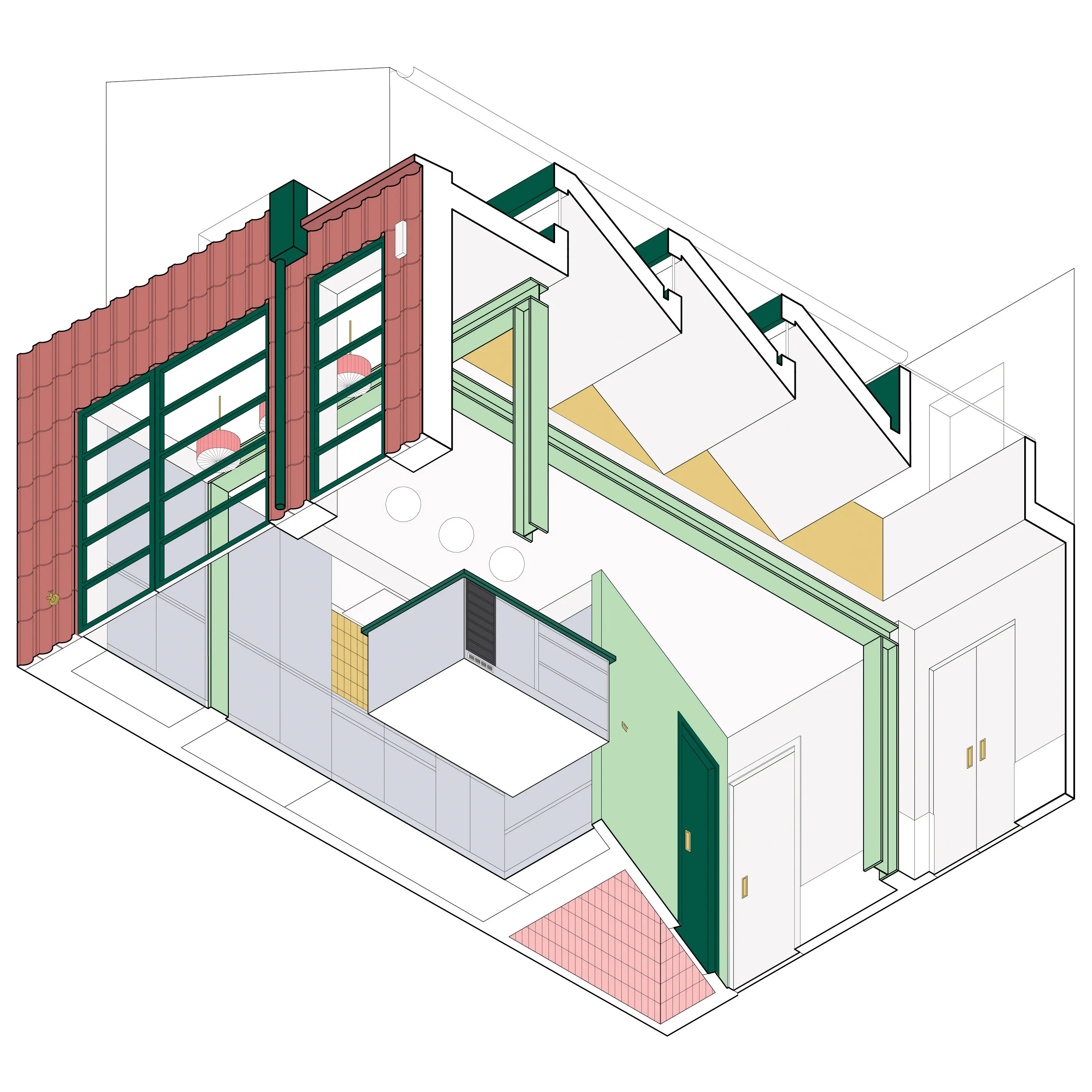 Axonometric drawing from worm's perspective. By Office S&M, RIBA Chartered Architectural Practice in London.