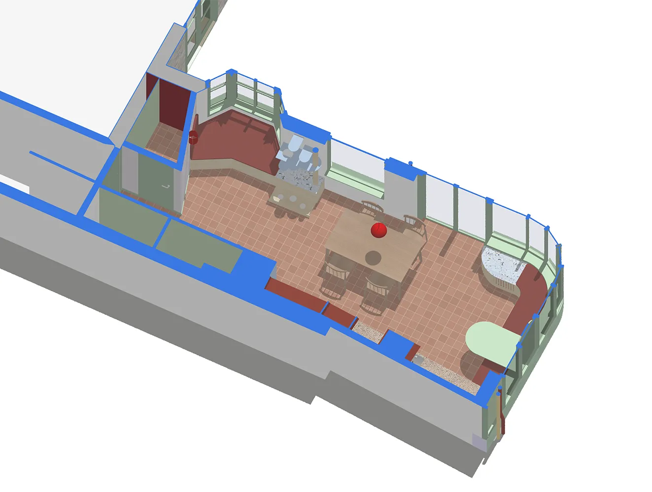 Axonometric cutout drawing showing the spatial arrangement. By Office S&M, RIBA Chartered Architectural Practice in London.