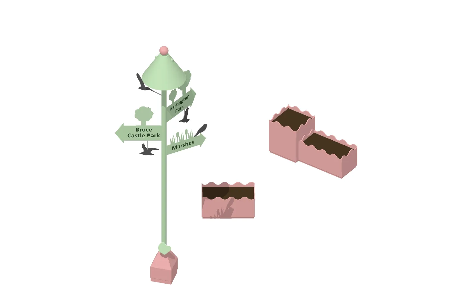 Wayfinding posts. By Office S&M, RIBA Chartered Architectural Practice in London.