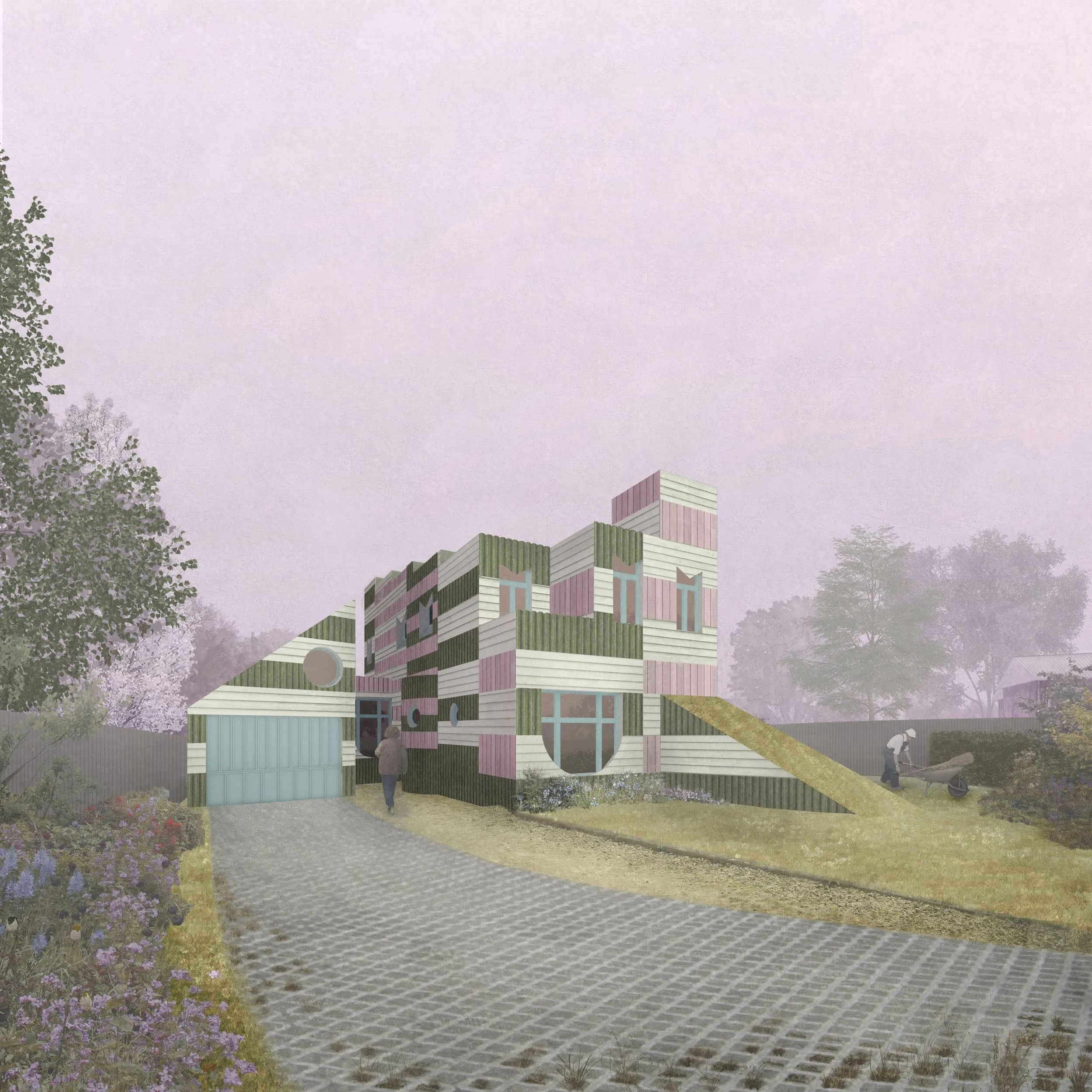 Visual collage of approach perspective. By Office S&M, RIBA Chartered Architectural Practice in London.