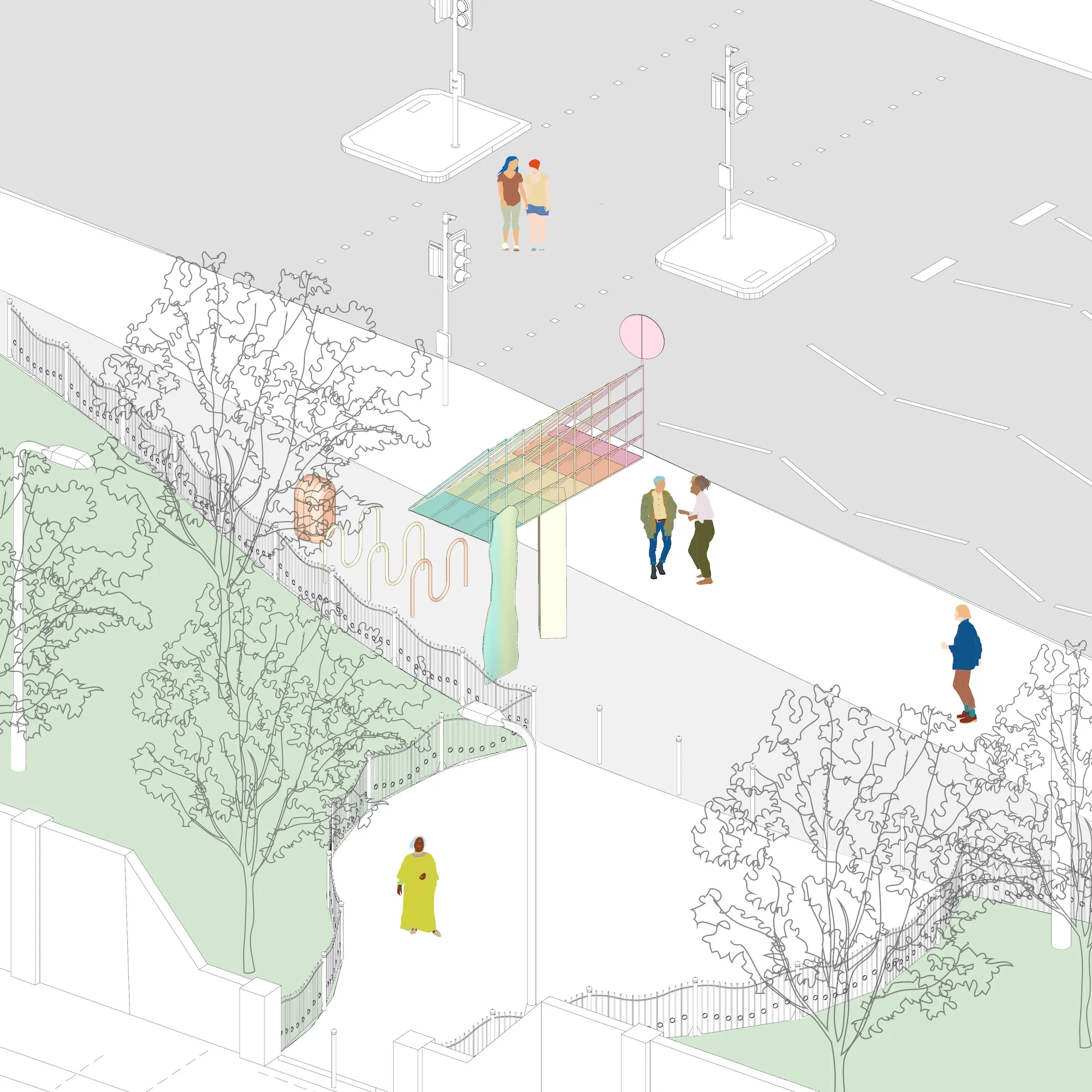 Fifth project illustration, showing the Pollution Gate - a sculpture designed by the studio. By Office S&M, RIBA Chartered Architectural Practice in London.