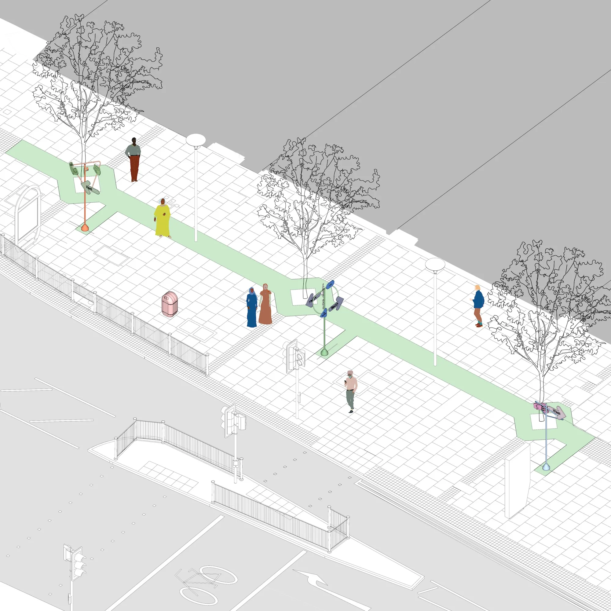 Second project illustration, showing public realm improvements. By Office S&M, RIBA Chartered Architectural Practice in London.