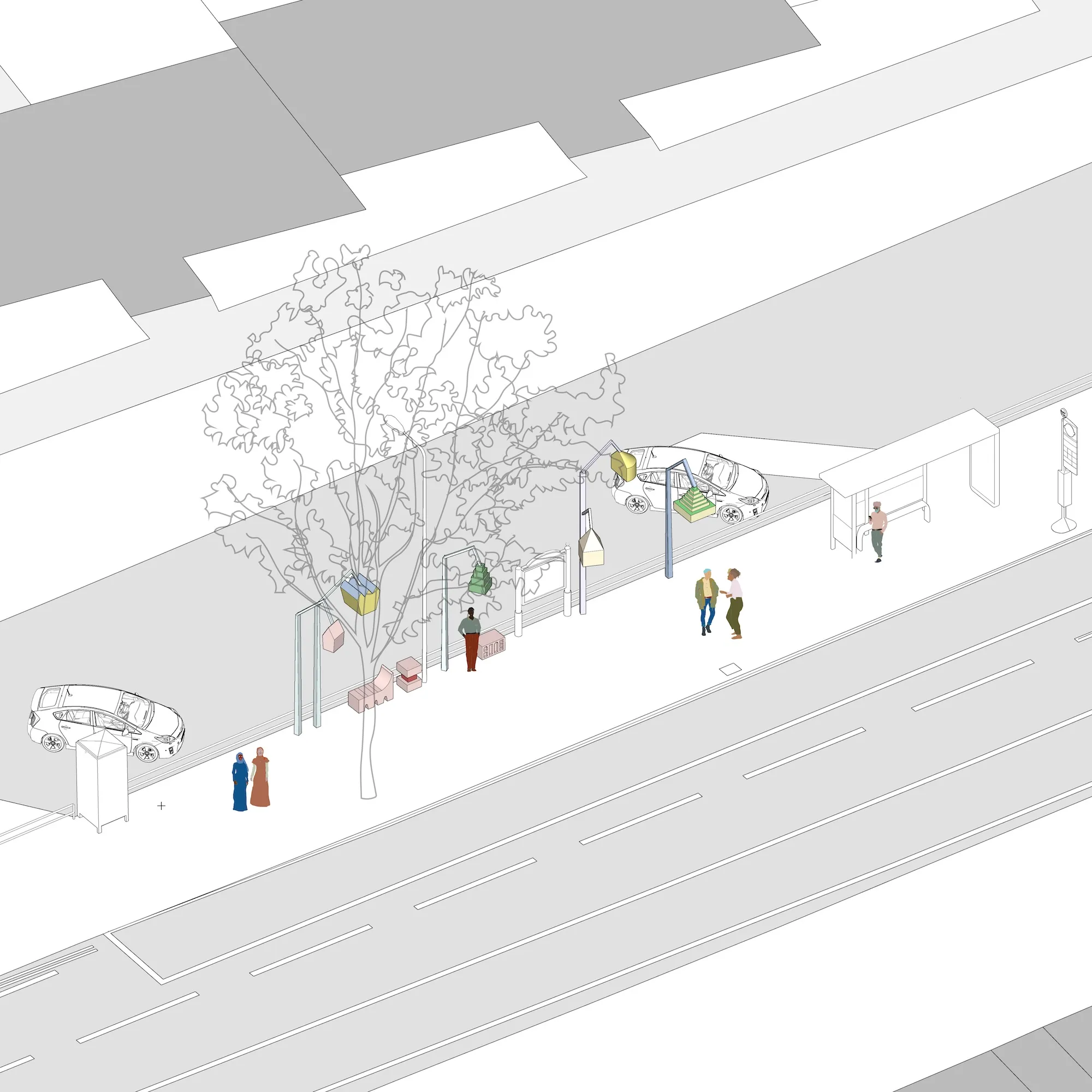 Third project illustration, showing new street furniture. By Office S&M, RIBA Chartered Architectural Practice in London.