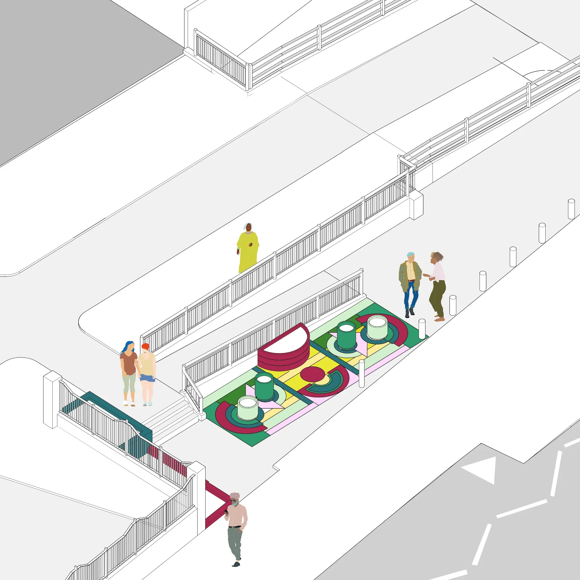 First project illustration, showing a small playground. By Office S&M, RIBA Chartered Architectural Practice in London.