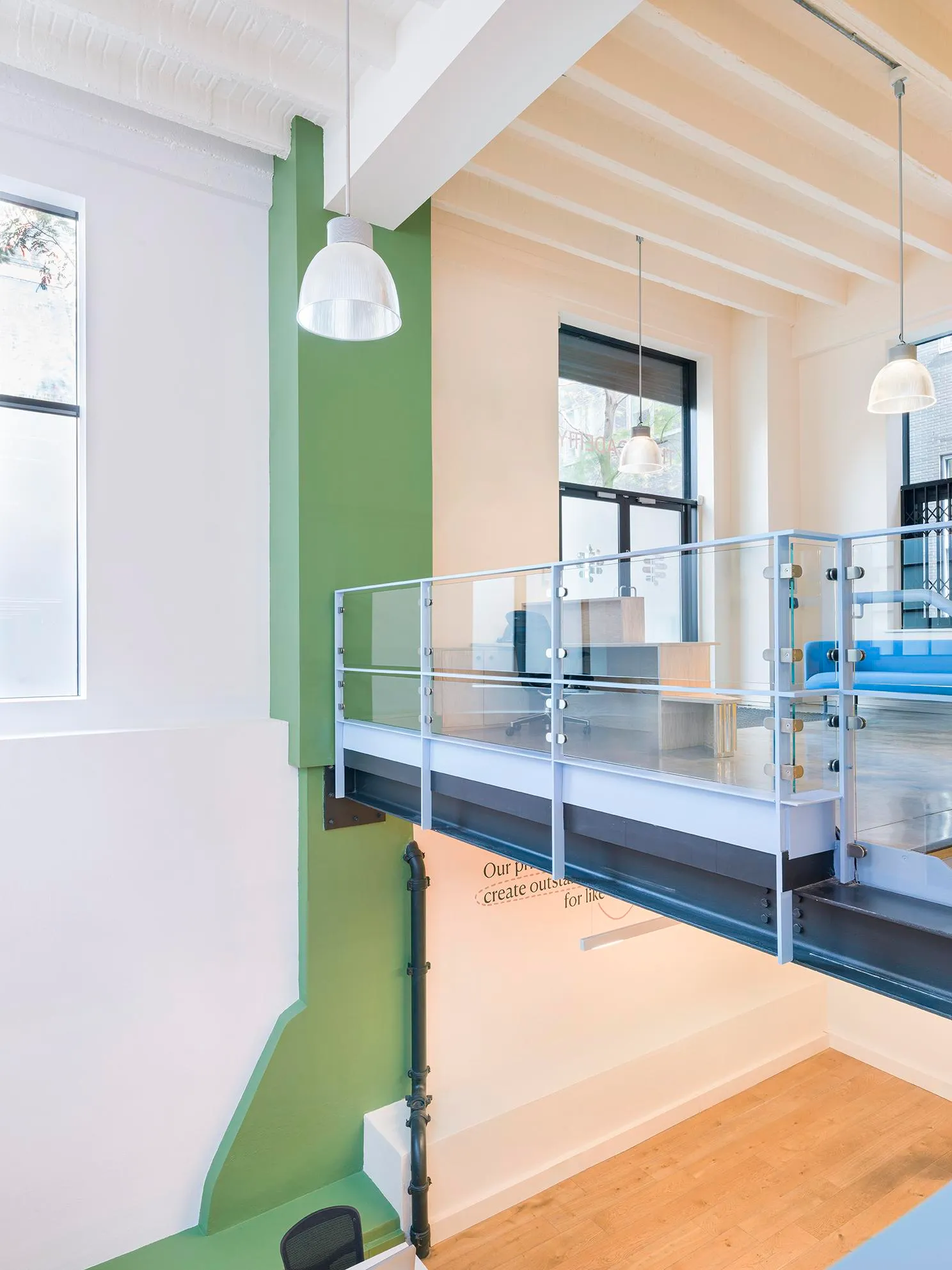 Photo of the double height space, looking into the balustrade on the upper level. By Office S&M, RIBA Chartered Architectural Practice in London.