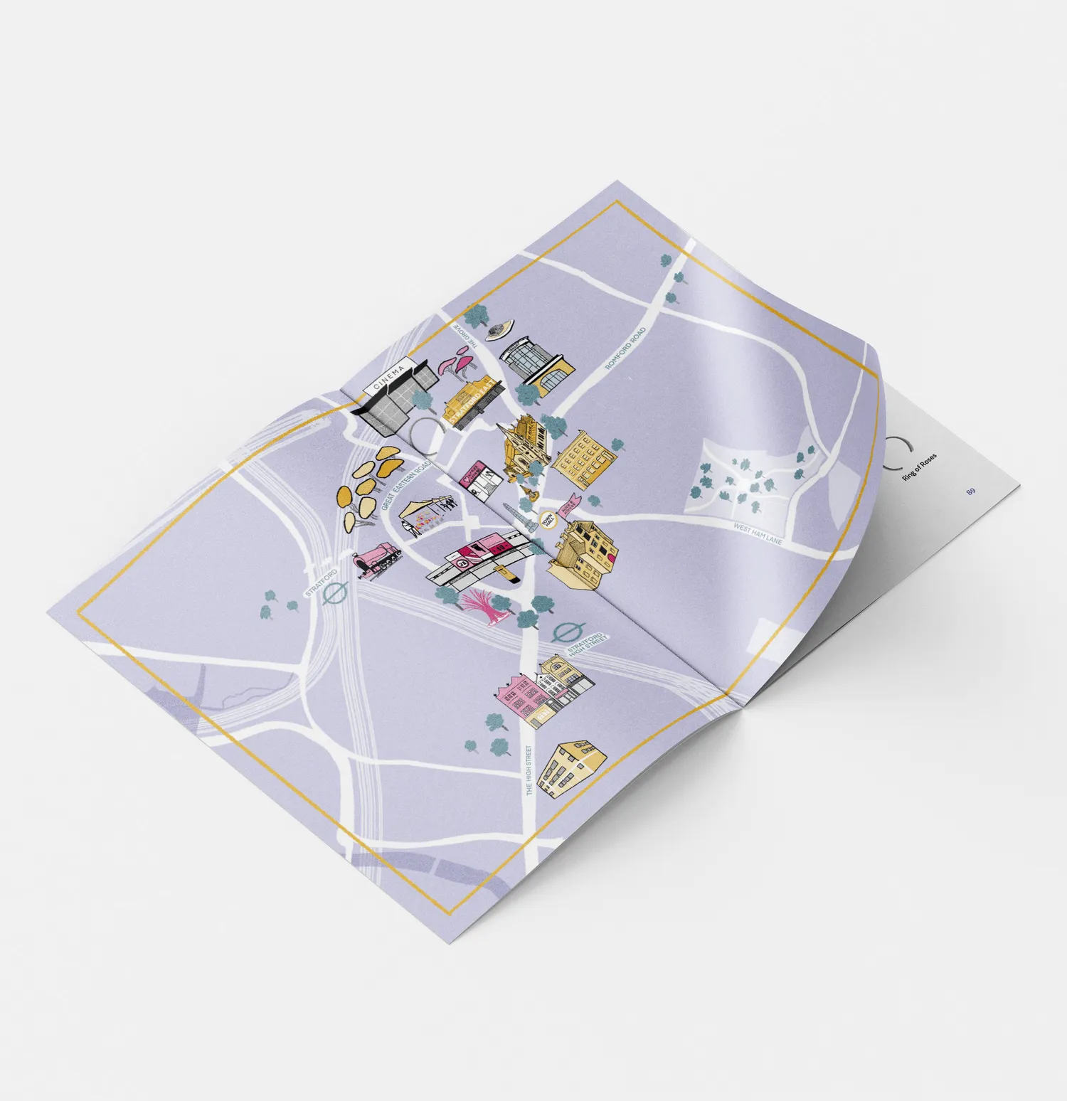 Mockup showing a spread of Arts and Culture Map in Stratford. By Office S&M, RIBA Chartered Architectural Practice in London.