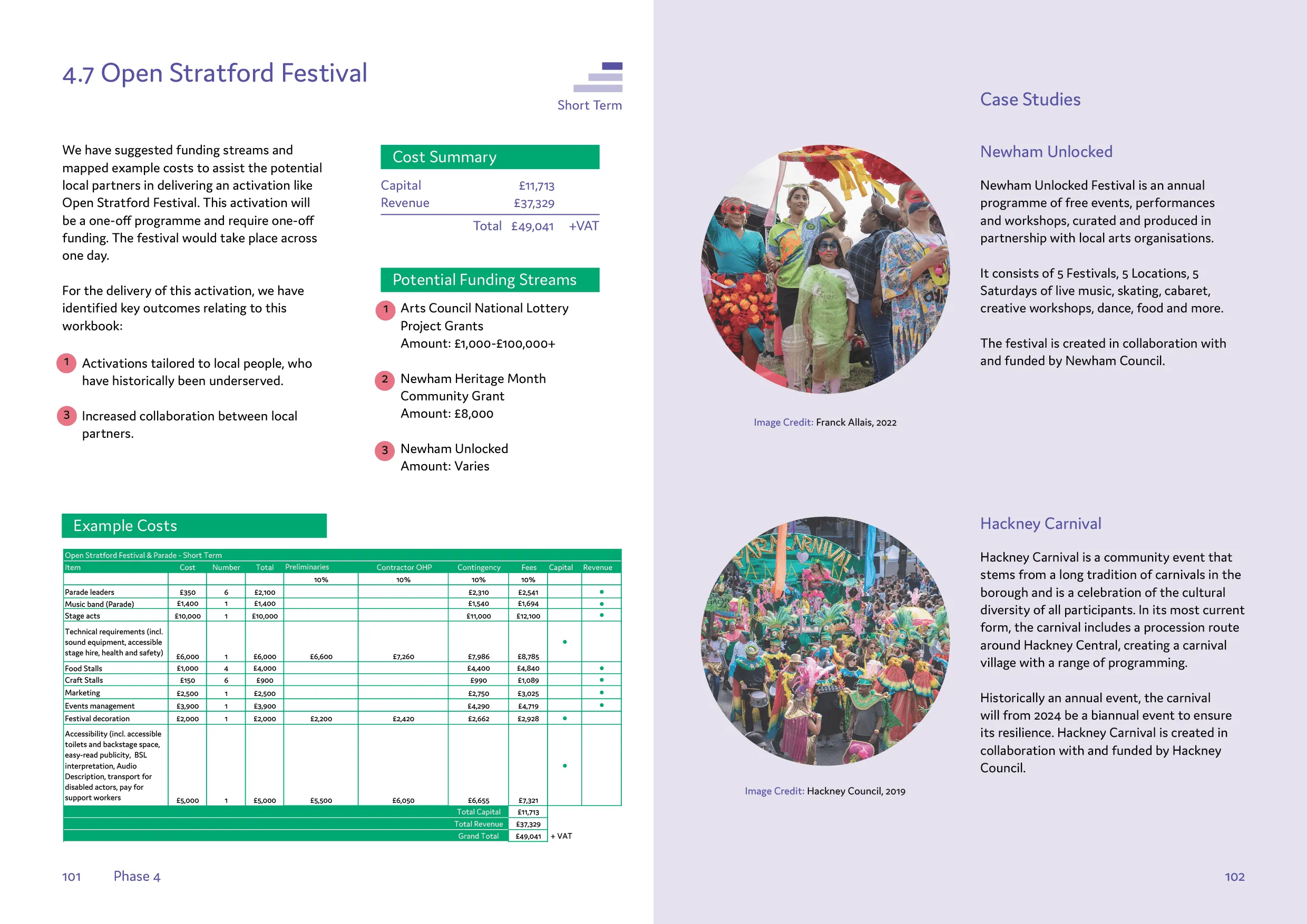 A spread that highlights costs and potential funding opportunities for the festival. By Office S&M, RIBA Chartered Architectural Practice in London.