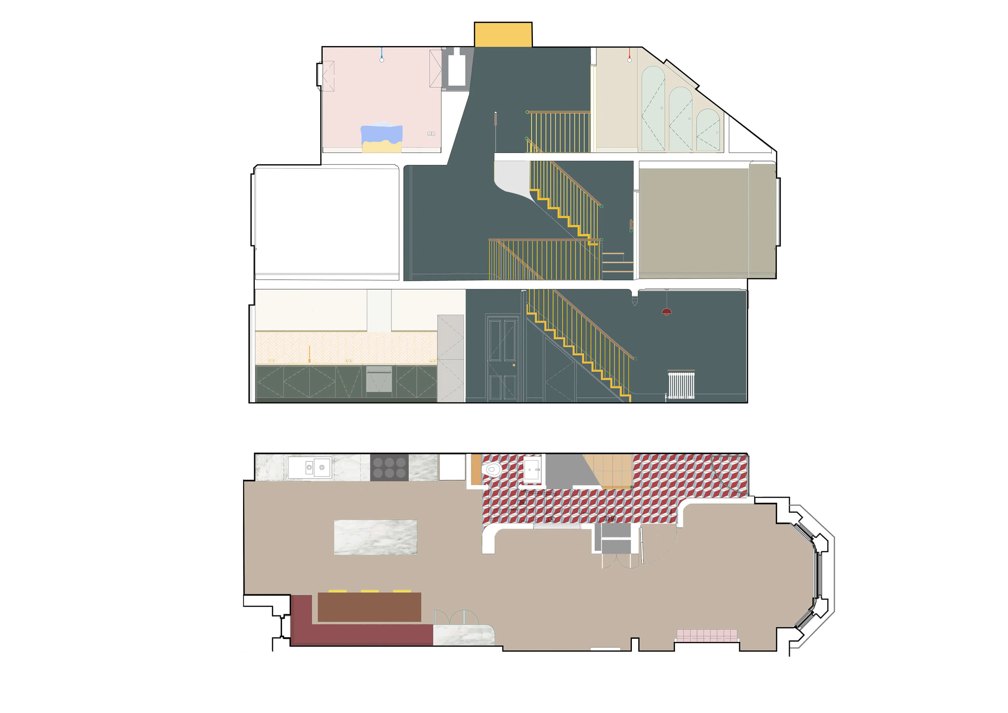 Proposed Ground Floor Plan and Long Section. By Office S&M, RIBA Chartered Architectural Practice in London.
